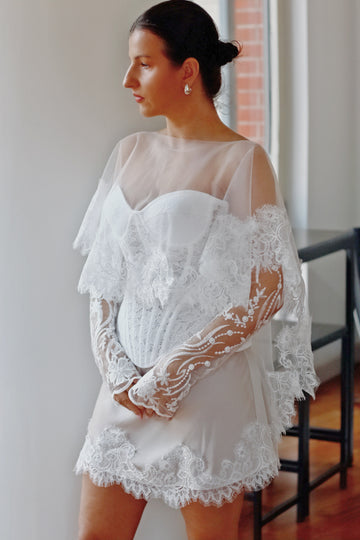 Sheer Tulle Wedding Cape with Lace Embroidery & Beading